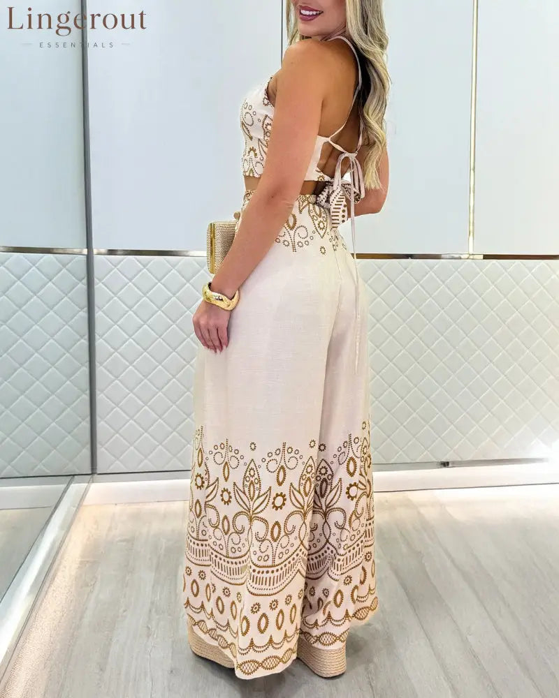 2 Pieces Outfits Tribal Print Keyhole Neck Sleeveless Top and Wide Leg Tied Detail Slit Pants Sets