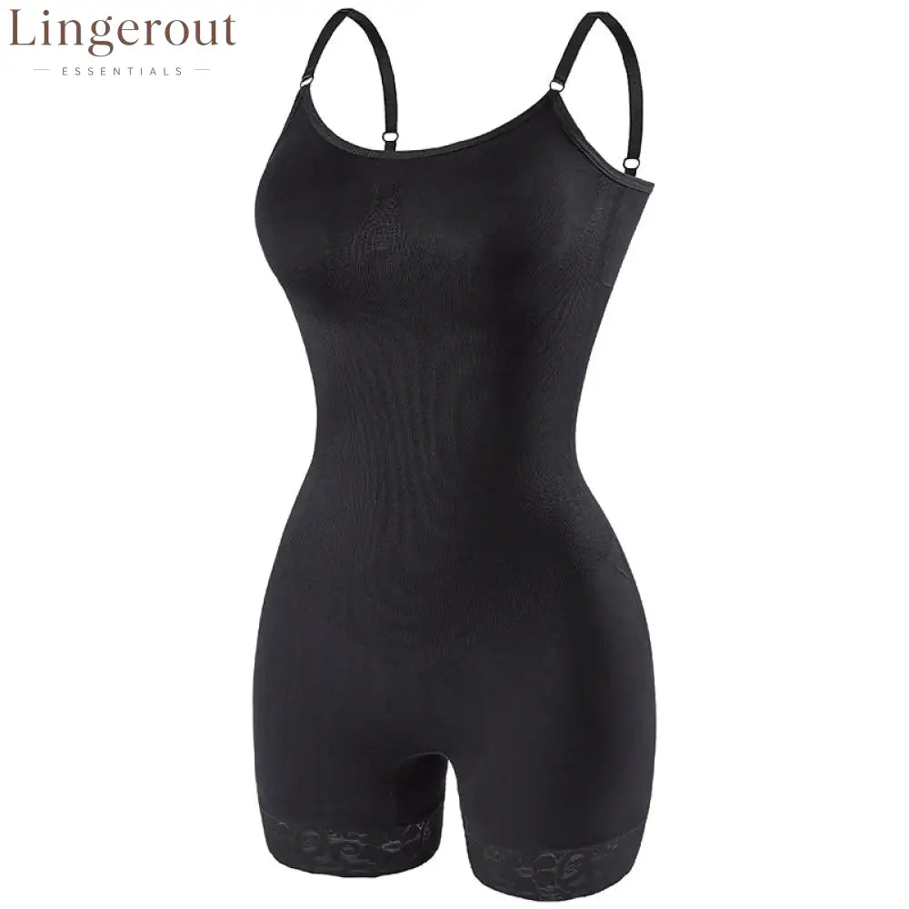 360° Strong Tummy Control Shapewear Bodysuit Spaghetti Strap Butt Lifting Lace Hem Body Shaper - Black / S