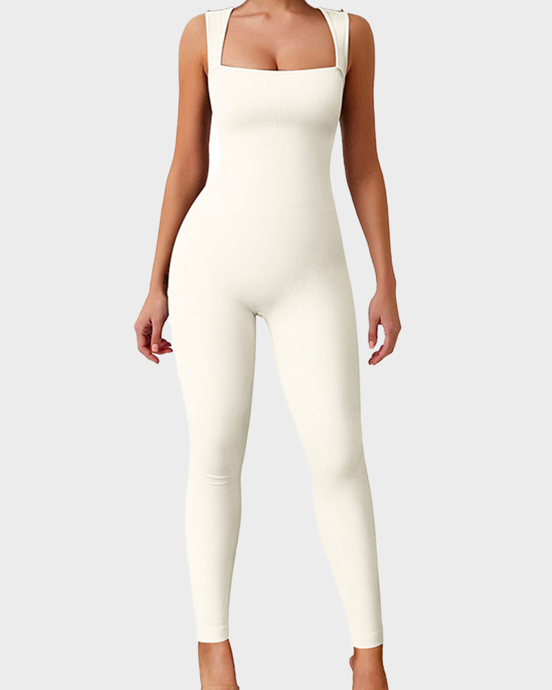 Hugmecurve® Ribbed Square Neck Sleeveless Workout Jumpsuit