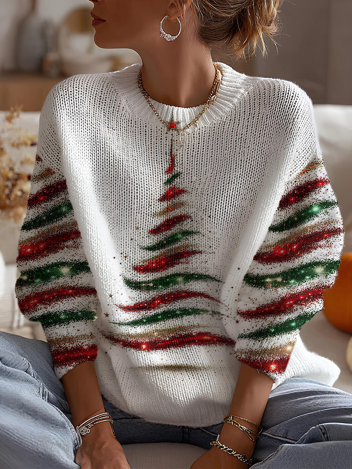 Women's Sparkly Red and Green Striped Christmas Tree Print Knit Sweatshirt