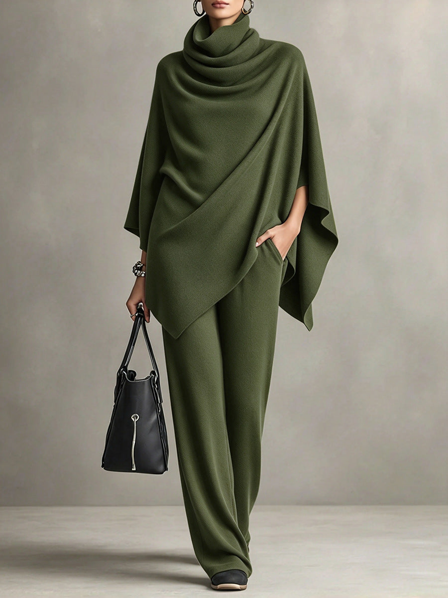 Asymmetric Cowl Neck Poncho Top & Wide-Leg Pants Set