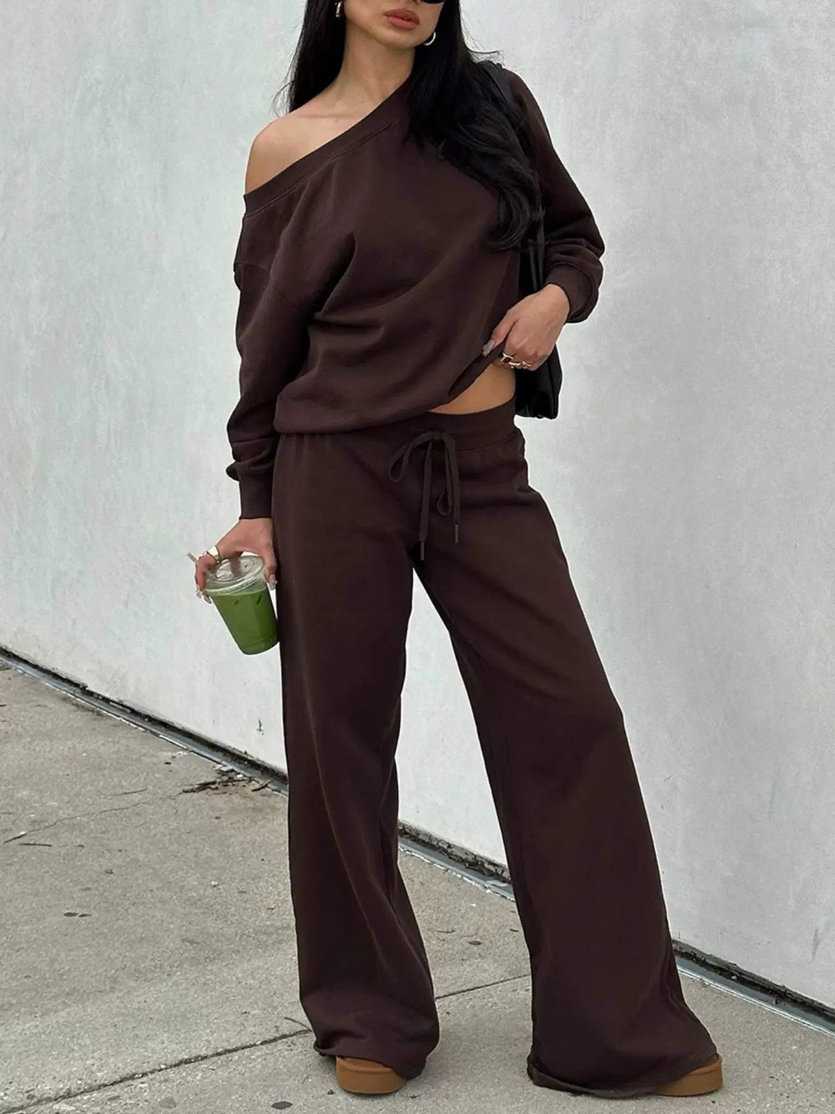 One-Shoulder Sweatshirt & Wide-Leg Pants Set