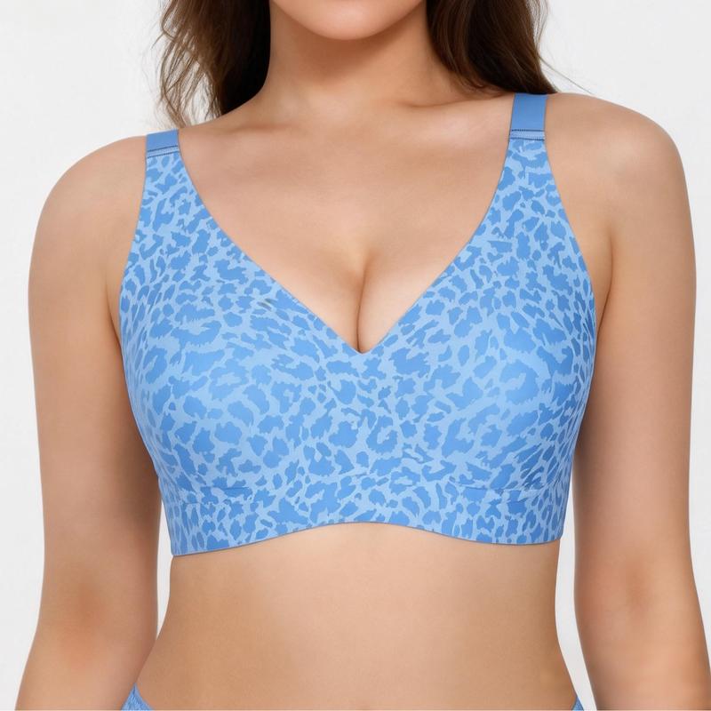 Seamless Deep V Push-Up Wireless Bra - Leopard - Sky Blue / S