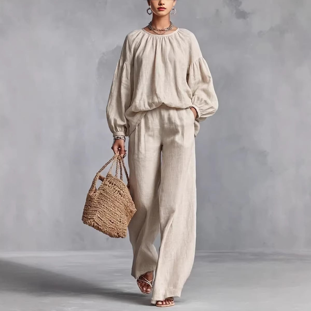 Elastic Neck Linen Blend Matching Two Piece Set