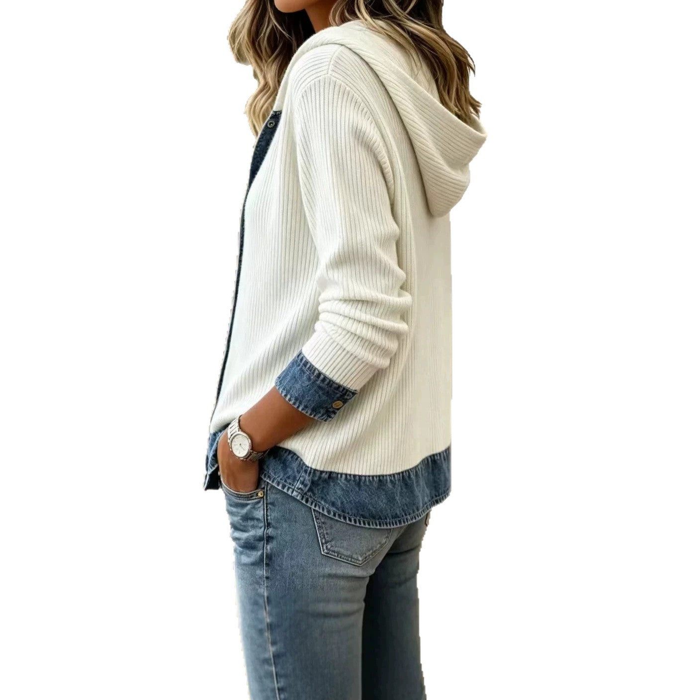 Denim Spliced Ribbed Knit Hooded Cardigan
