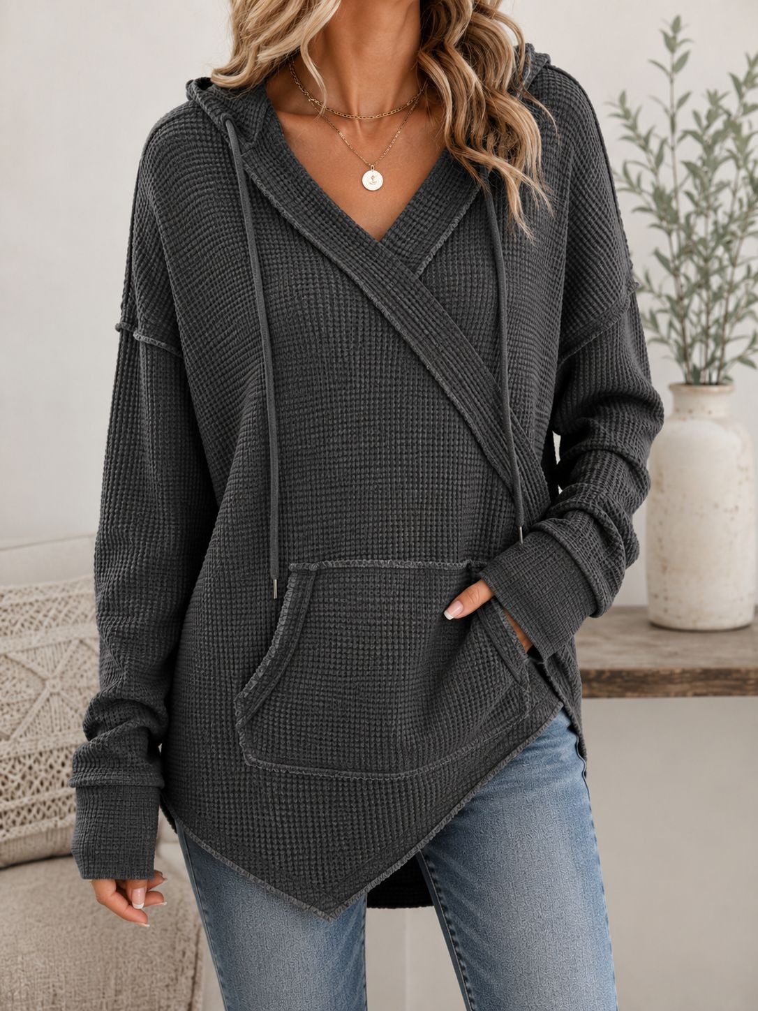 Women's Waffle Knit Surplice V Neck Long Sleeve Hooded Top with Pocket