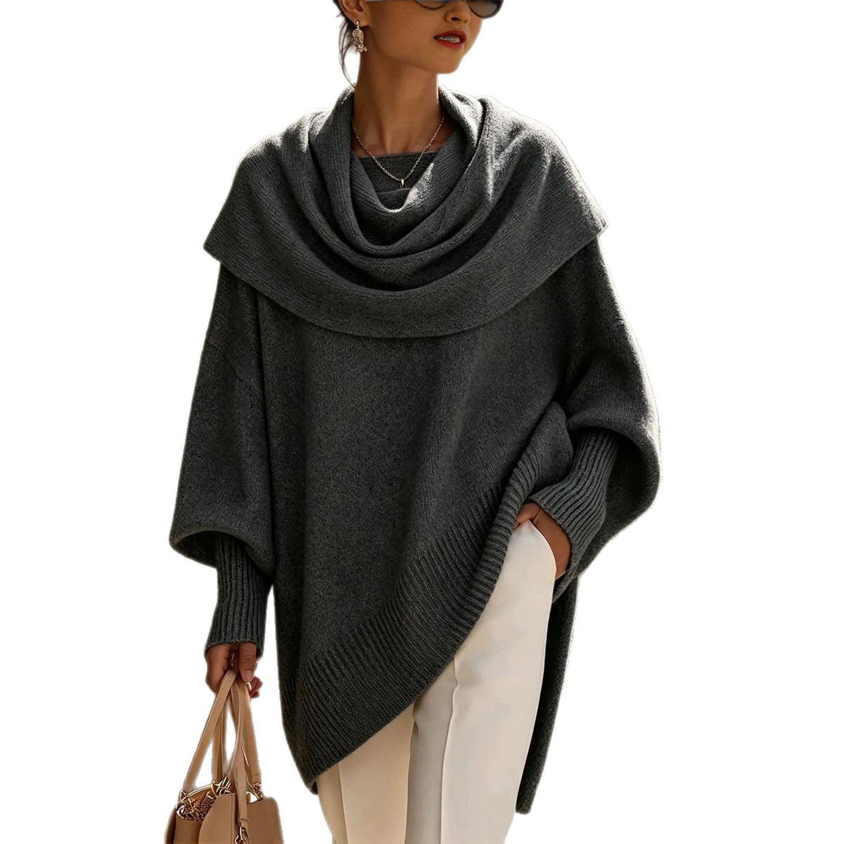 Women's Solid Cowl Neck Oversized Asymmetric Hem Knit Tunic Sweater