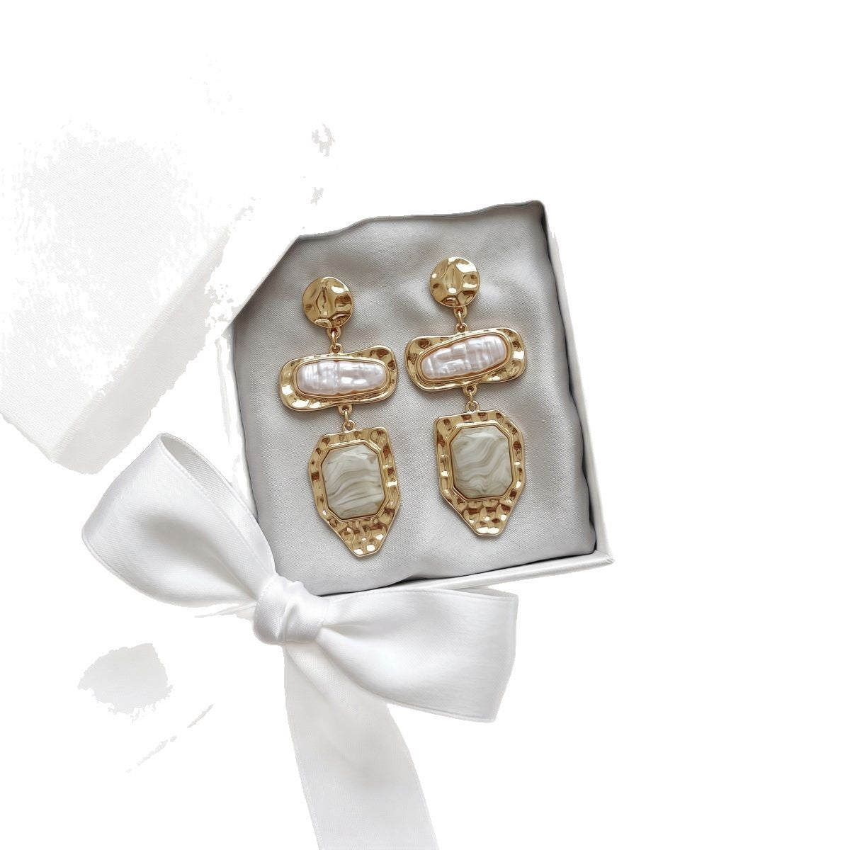 Vintage Layered Baroque Pearl Agate Drop Earrings 14K Gold Plated Textured Dangle Earrings for Women - EH5797