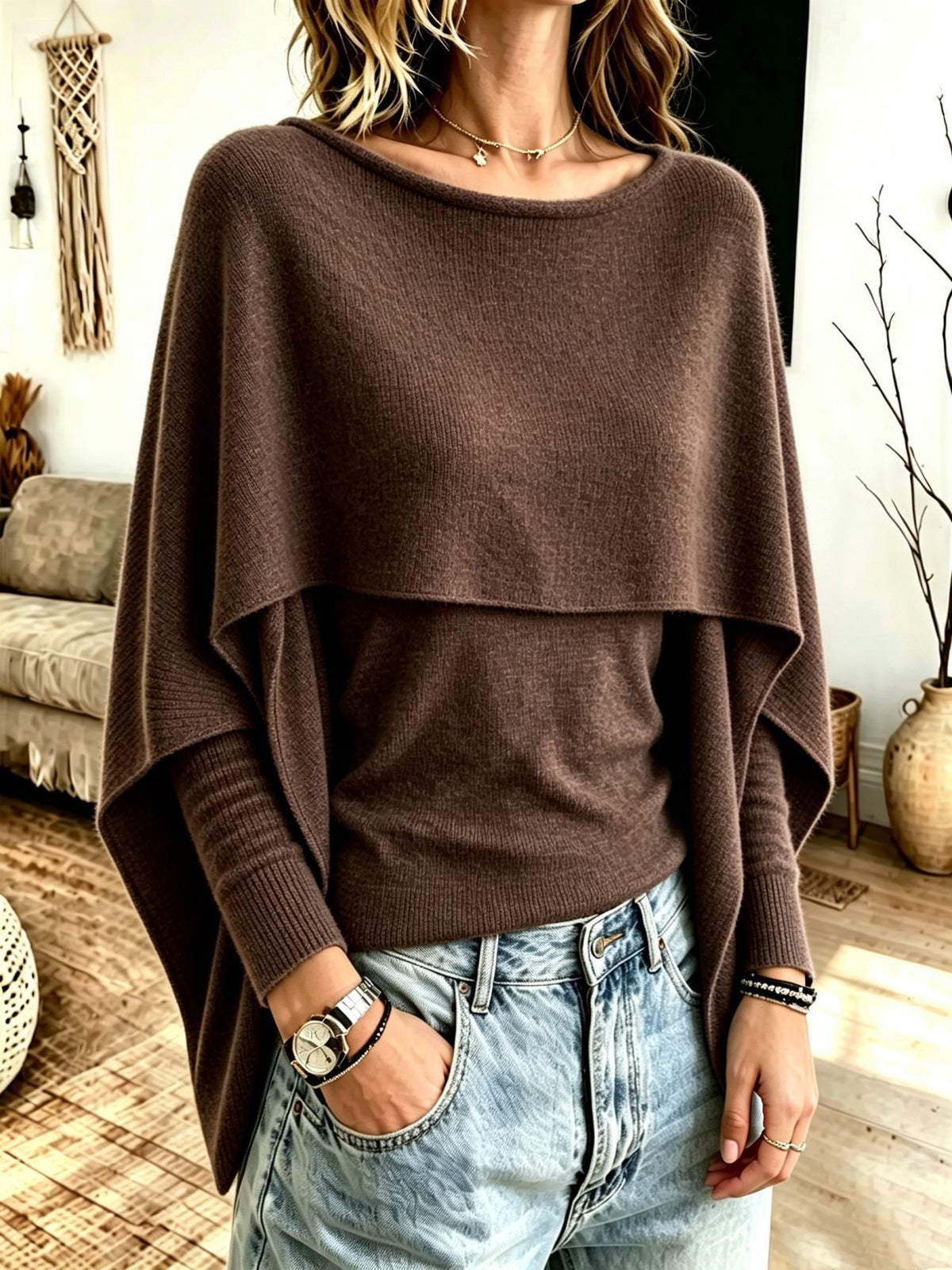 Cape Overlay Mock Two‑Piece Long Sleeve Knit Top