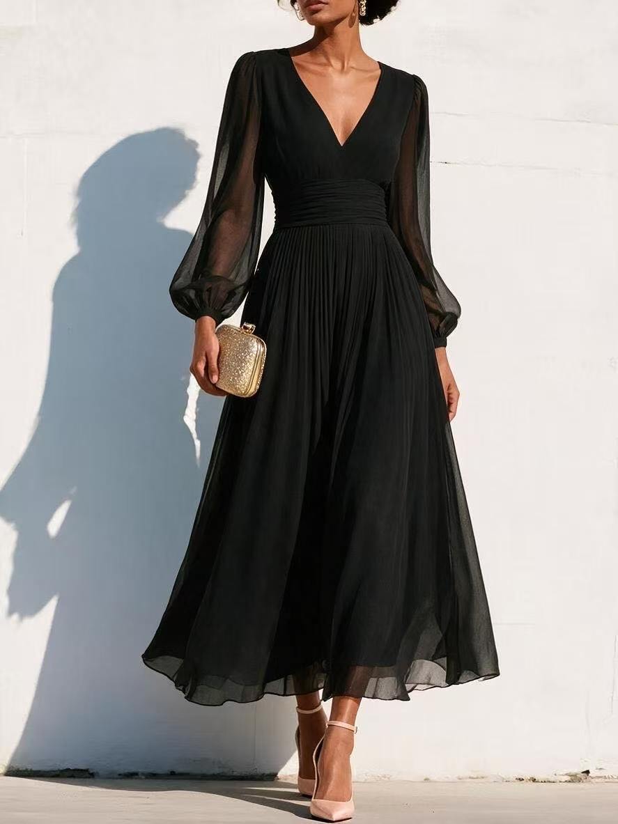 Pleated Chiffon Midi Dress with Balloon Sleeves