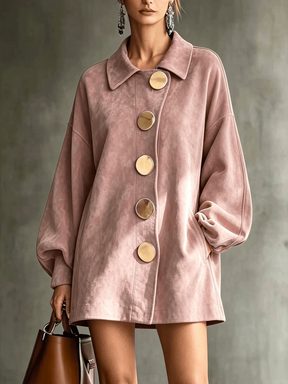 Margot Oversized Faux Suede Jacket Dress with Gold Buttons