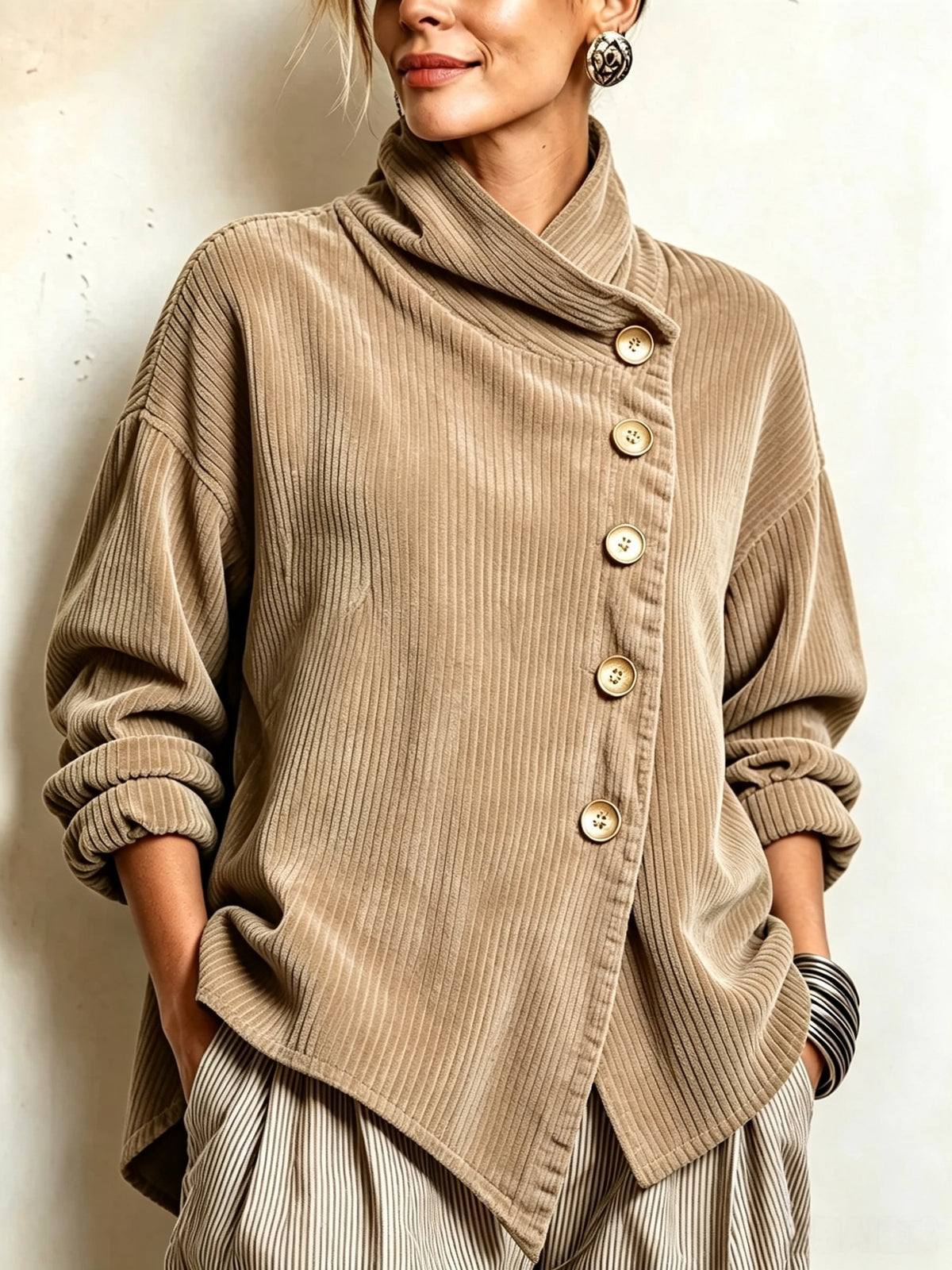 Chic High Funnel Neck Asymmetric Corduroy Top
