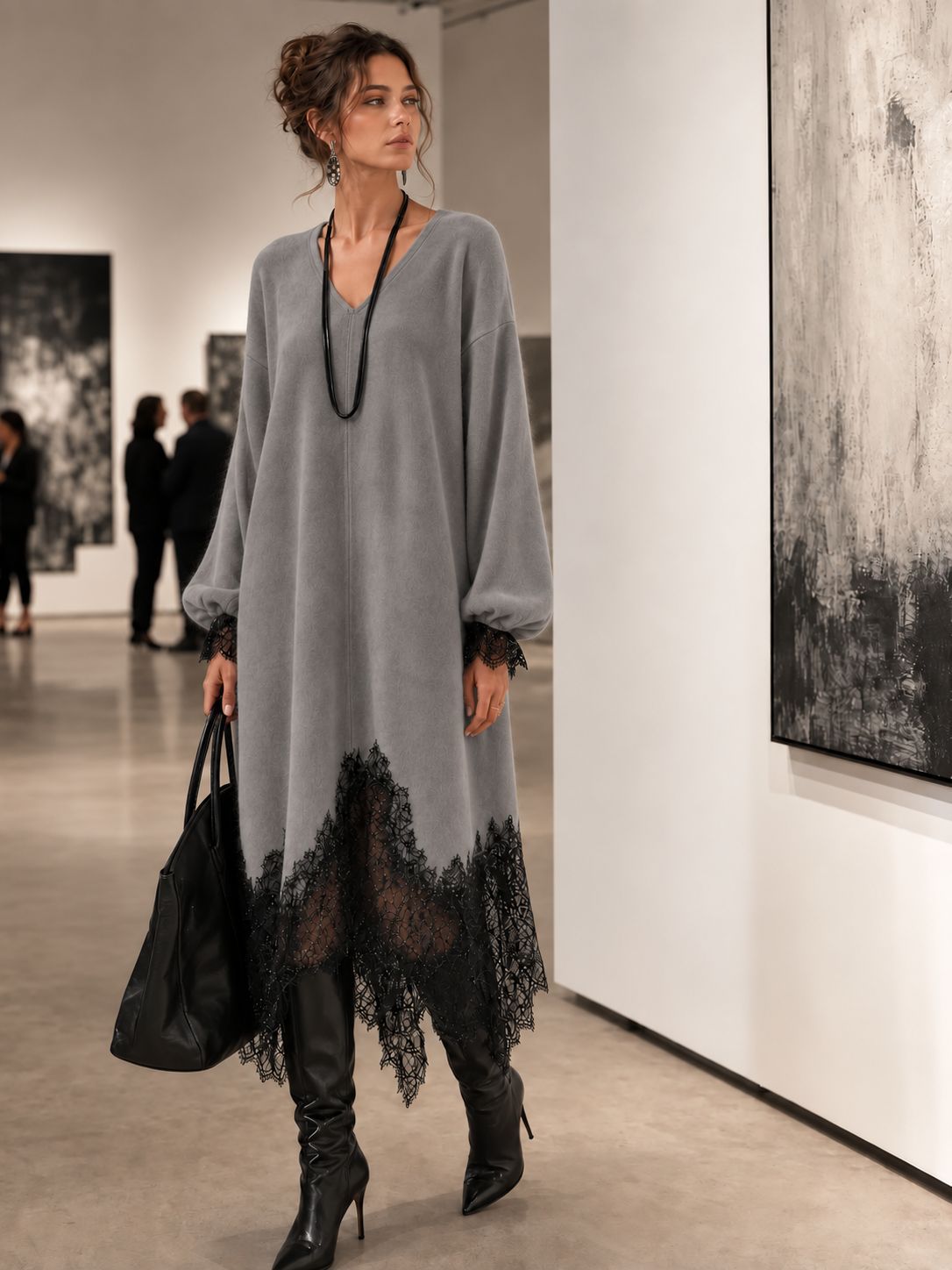 V‑Neck Lantern Sleeve Lace Trim Midi Knit Dress