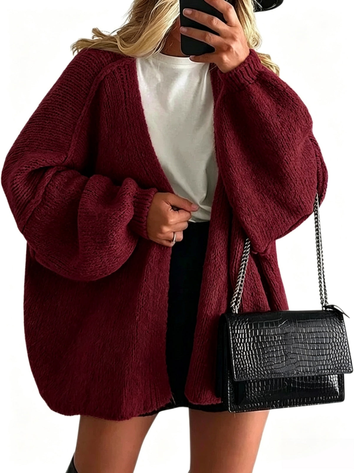 Women's Solid Color Chunky Knit Open Front Lantern Sleeve Mid-Length Cardigan