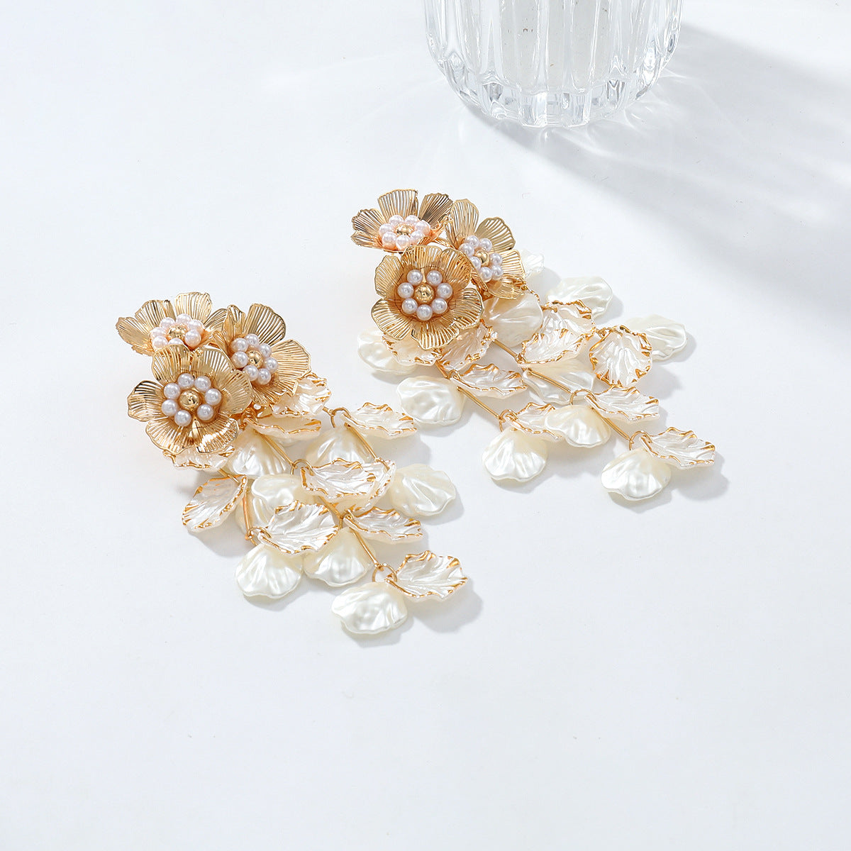 3D Floral Pearl Tassel Drop Earrings Vintage Gold Plated White Petal Wedding Statement Dangle Earrings - Gold
