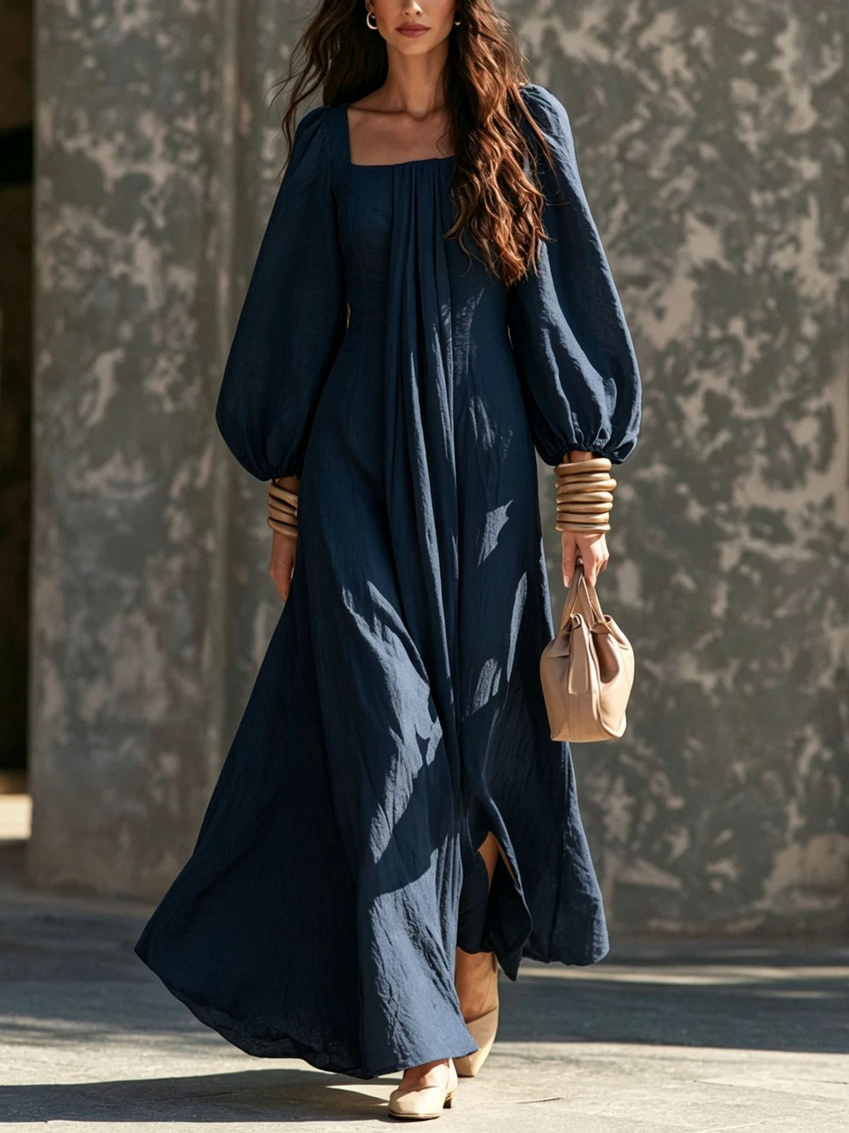Square Neck Puff Long Sleeve Flowy Maxi Dress