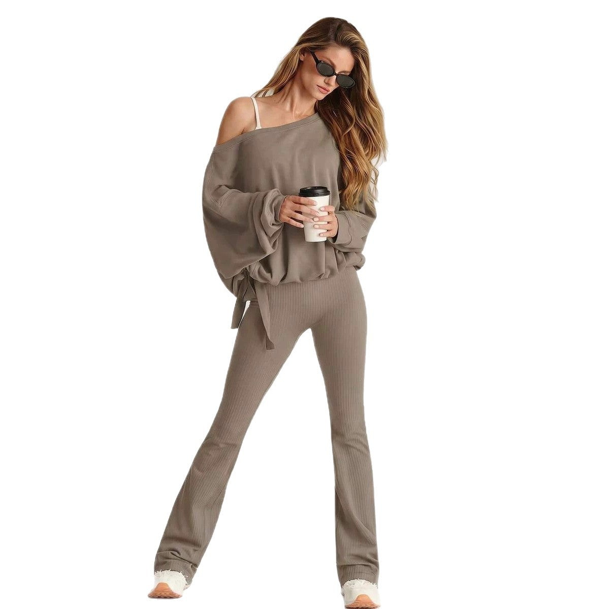 Off Shoulder Drawstring Hem Oversized Sweatshirt