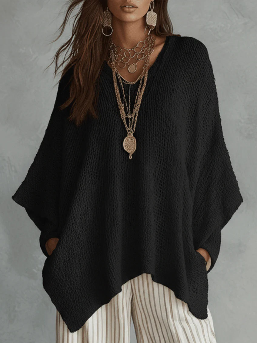 V-Neck Open Knit Oversized Batwing Long Sleeve Sweater Top