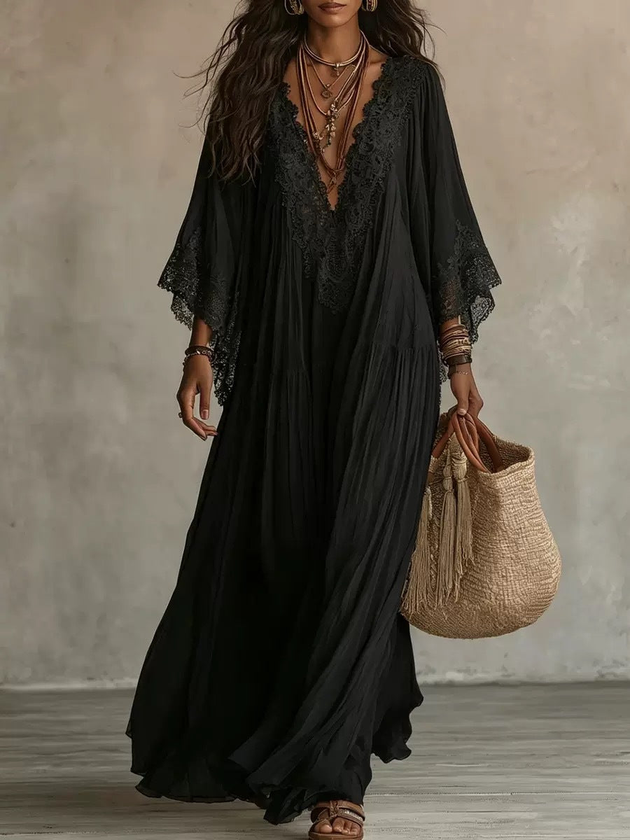 Lace Trim V-Neck Bell Sleeve Tiered Flowy Boho Maxi Dress