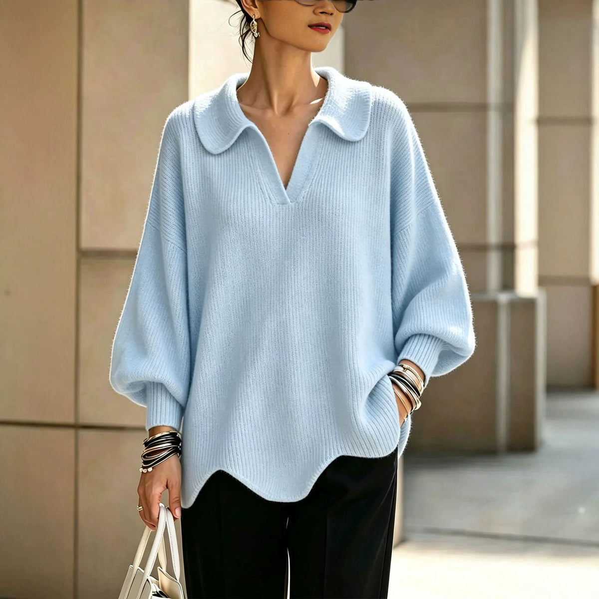 Peter Pan Collar V-Notch Oversized Rib Knit Sweater