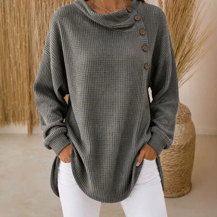 Waffle Knit Cowl Neck Top – Soft Textured Long Sleeve Tunic