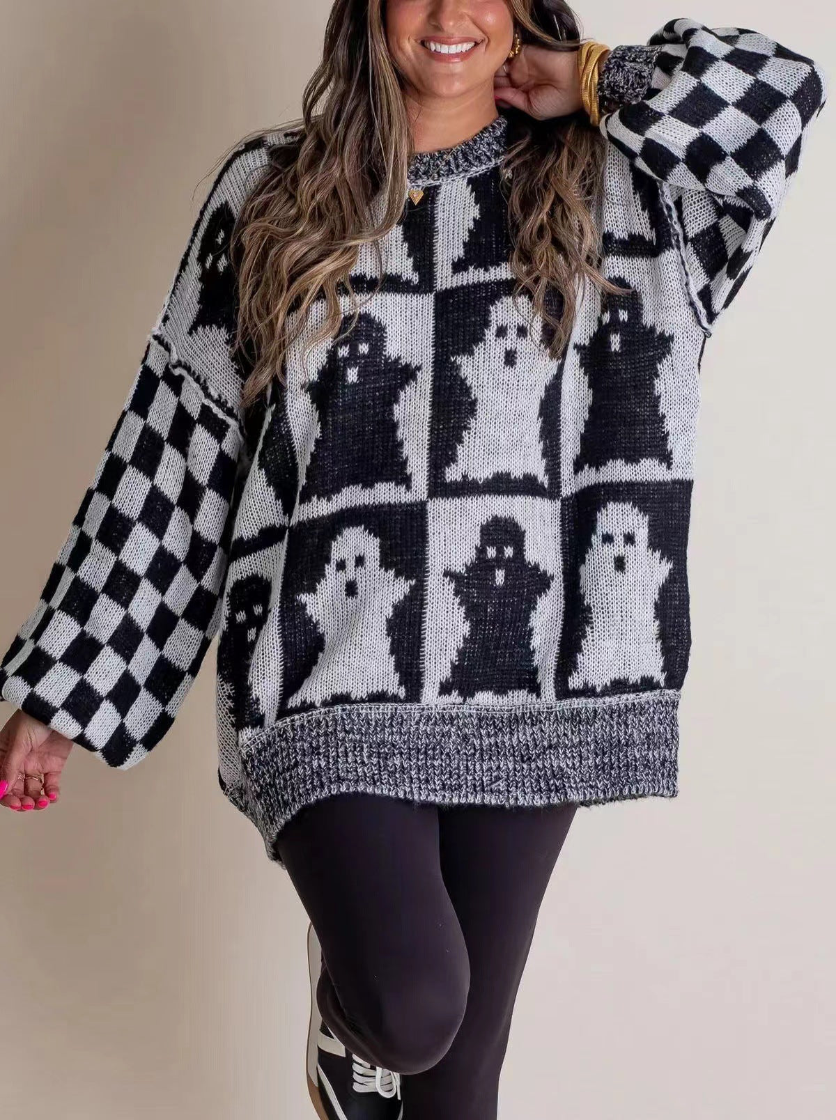 Women's Halloween Ghost & Pumpkin Checkerboard Print Oversized Long Sleeve Knit Sweater