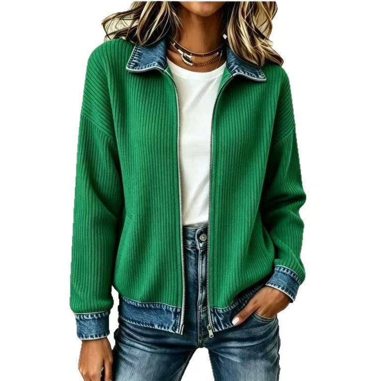 Ribbed Knit Zip Jacket with Denim Trim