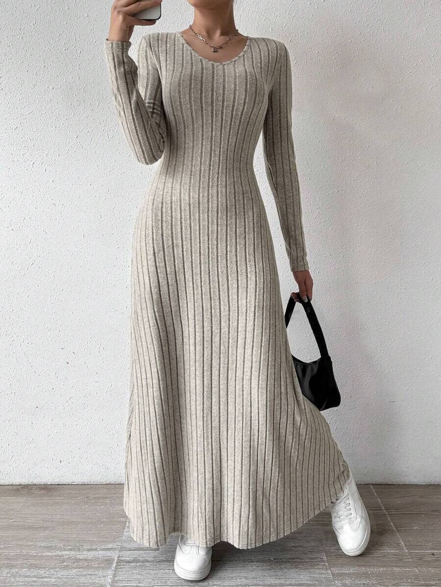 V-Neck Vertical Ribbed Knit Long Sleeve A-Line Maxi Dress