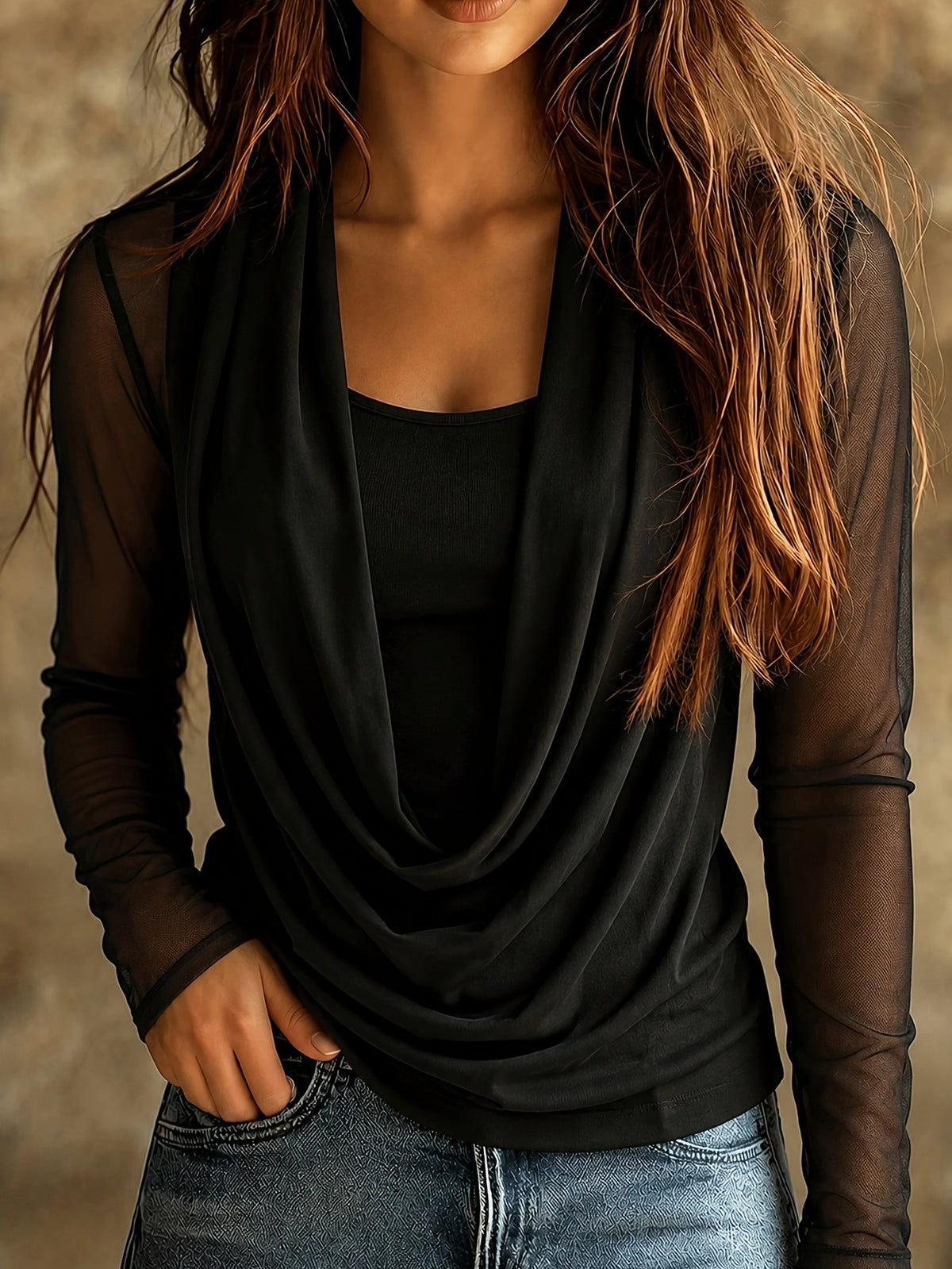 Women's Draped Cowl Neck Long Sleeve Mesh Blouse