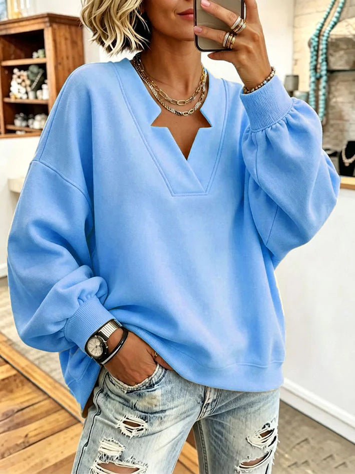 Women Solid Notched Split V-Neck Balloon Long Sleeve Oversized Sweatshirt