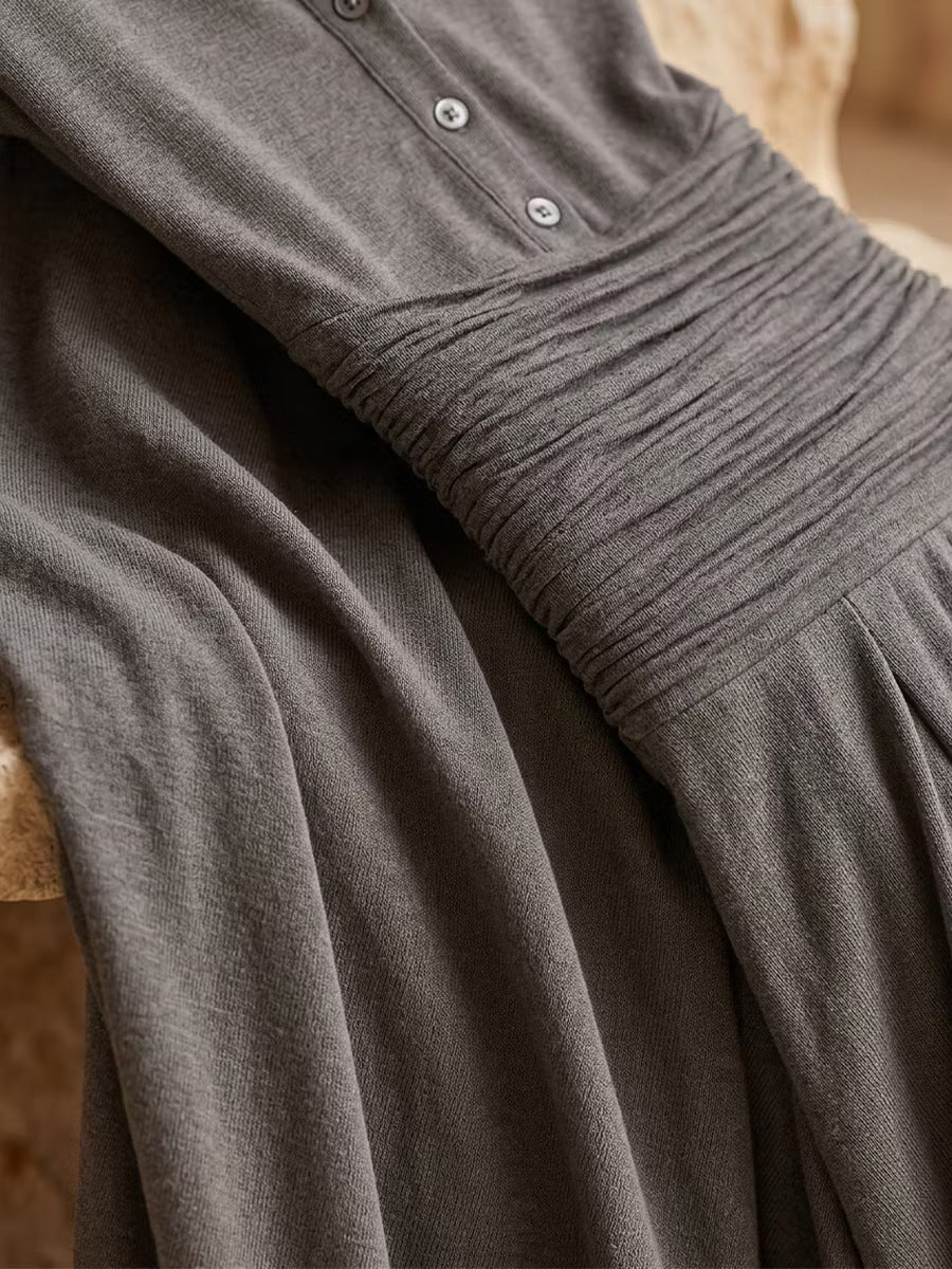 Ribbed Button-Front Maxi Dress with Ruched Waist