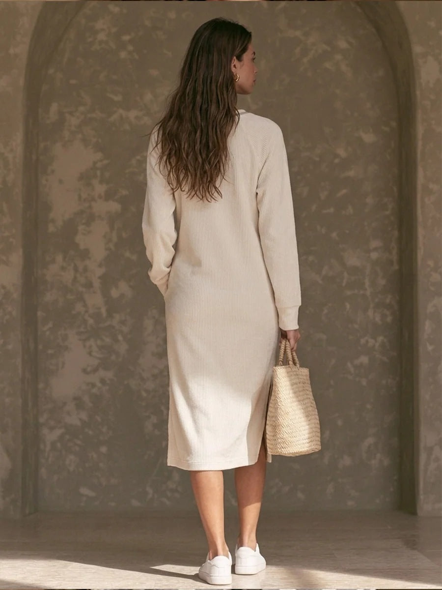 Cream Ribbed Knit Crew‑Neck Raglan Sleeve Side‑Slit Midi Sweatshirt Dress