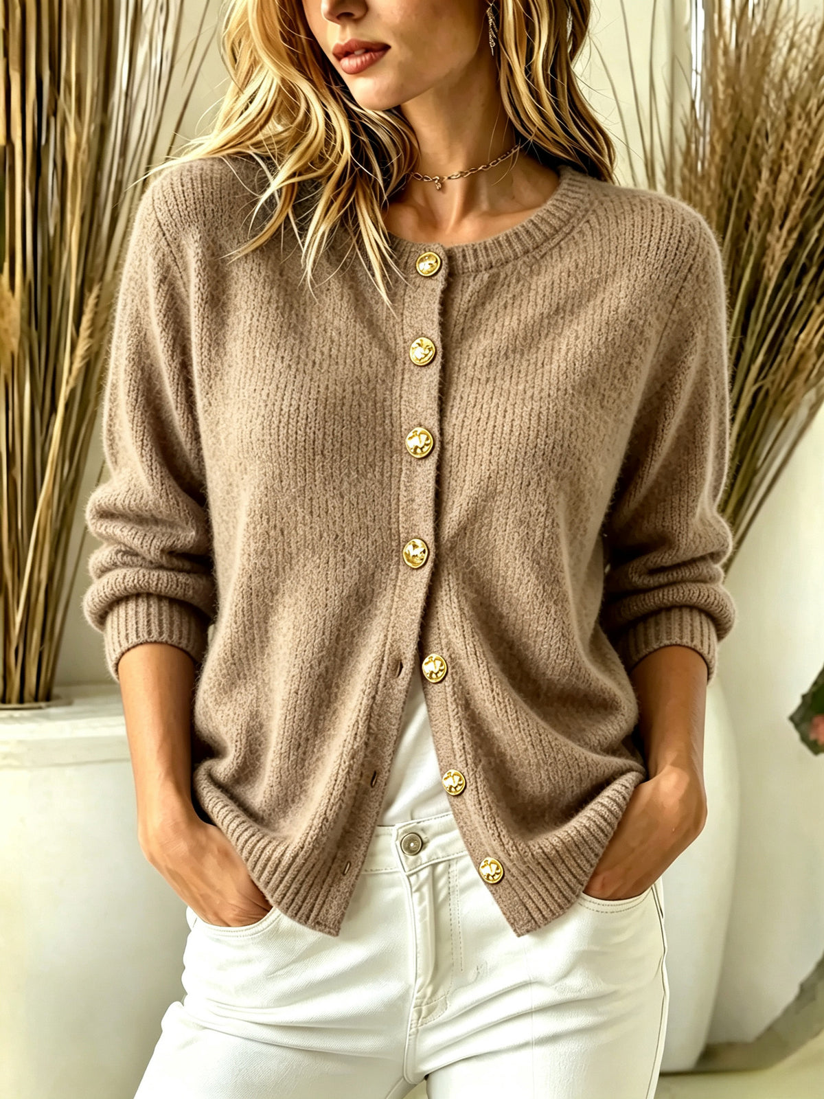 Crew Neck Gold‑Button Ribbed Knit Cardigan
