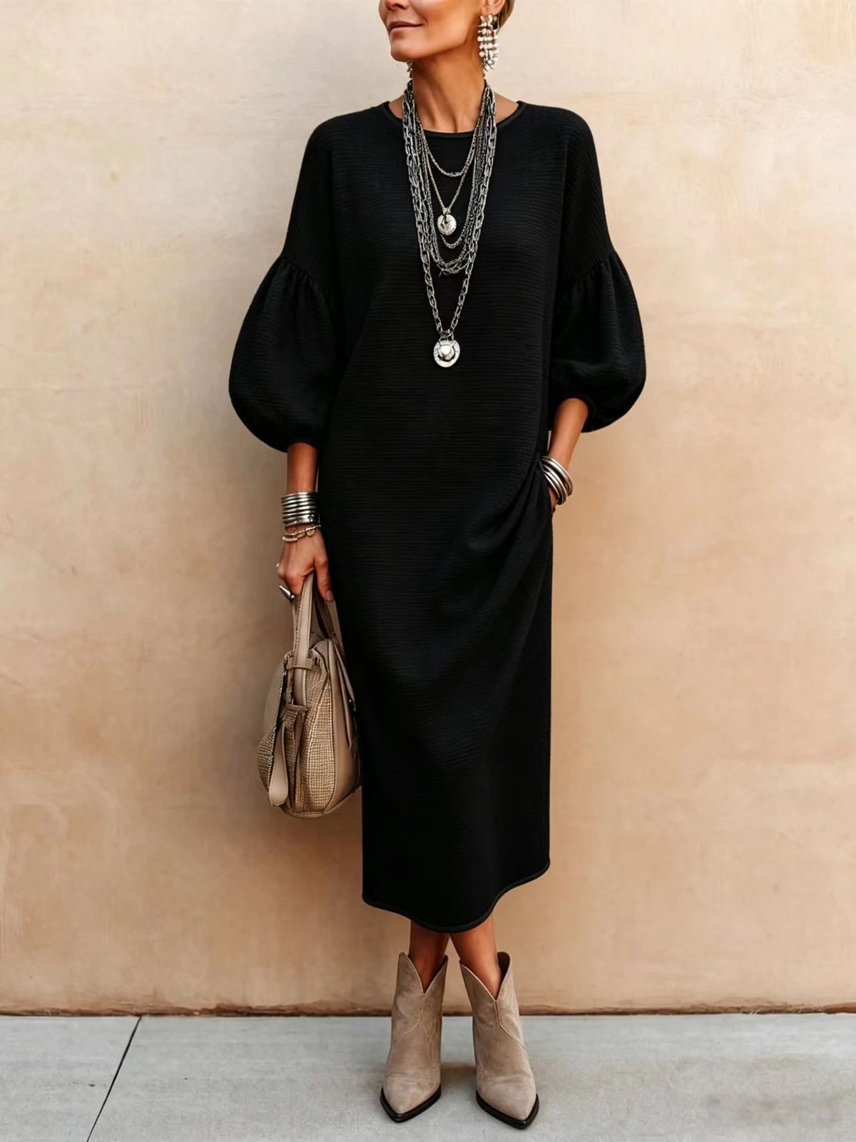 Elegant Solid-color Crew Neck With Puff Sleeves Maxi Dress
