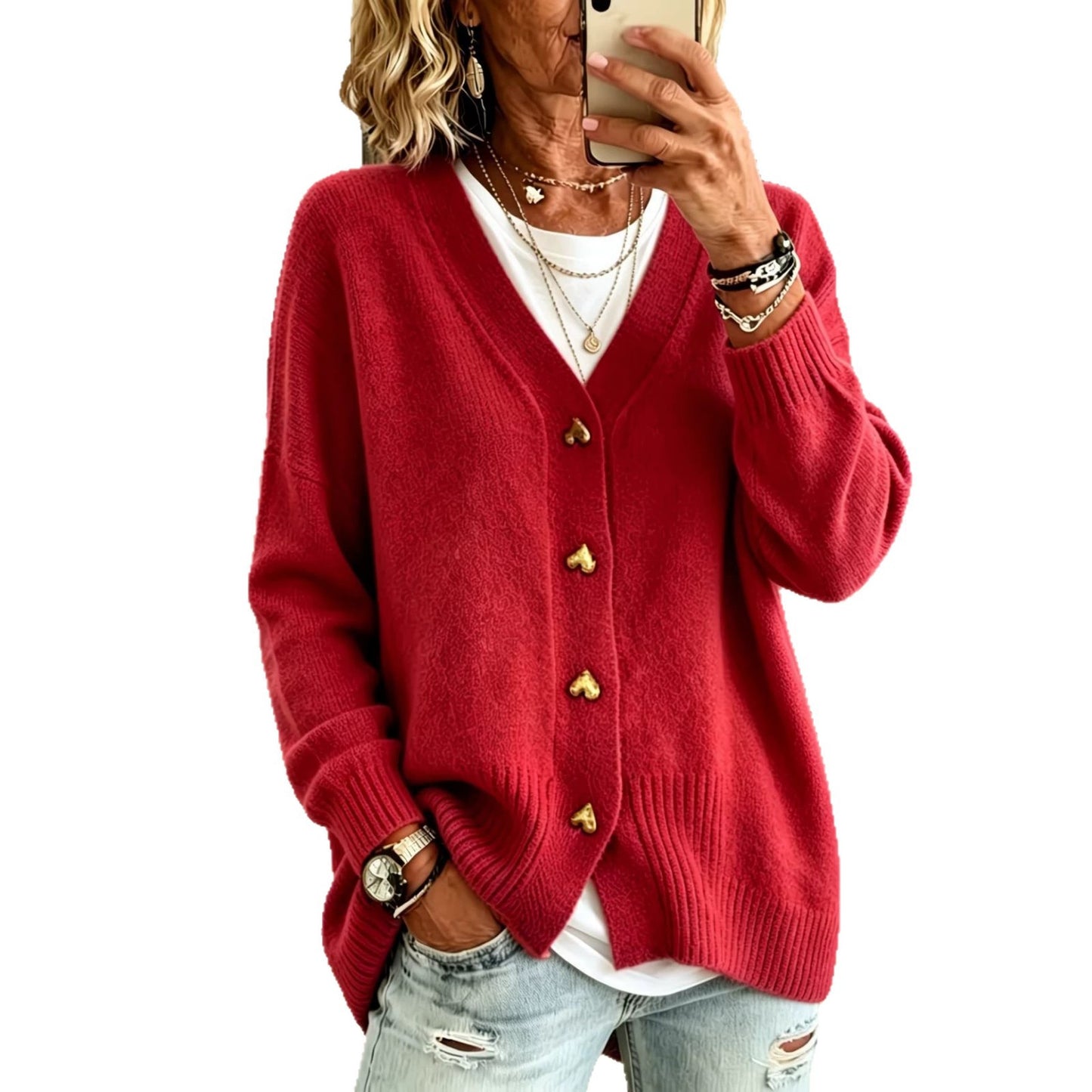 Heart Button V Neck Knit Cardigan