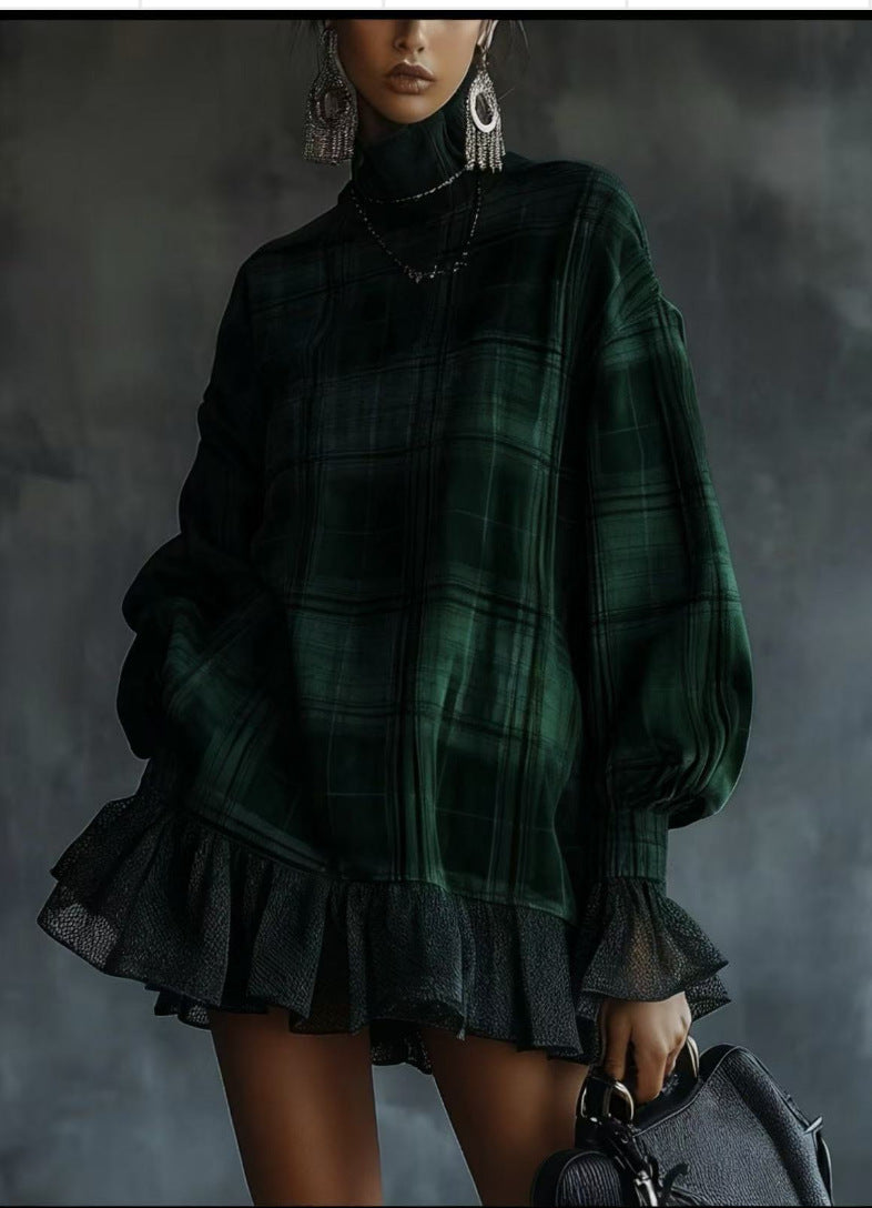 Women's Turtleneck Plaid Long Sleeve Ruffle Hem Tunic Dress