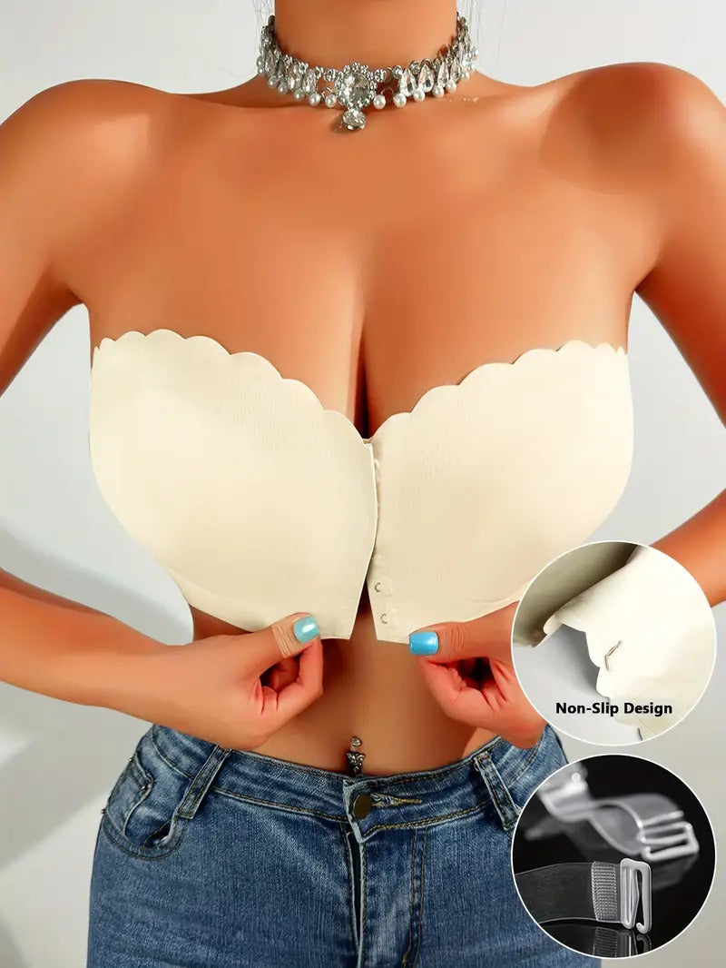 Womens Strapless Bra Non-Slip Padded Bandeau Bras Front Closure Bras for Women Wavy Trim Seamless Tube Top Bralette