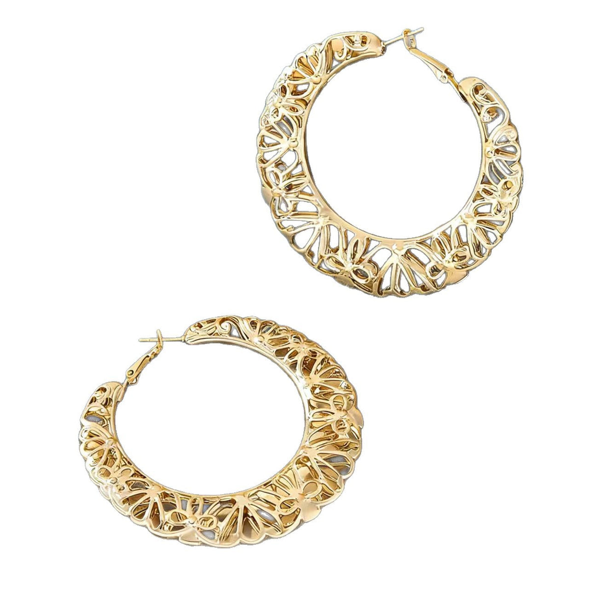Filigree Floral Cutout Large Hoop Earrings 14K Gold Plated Vintage Hollow Hoop Earrings - Gold