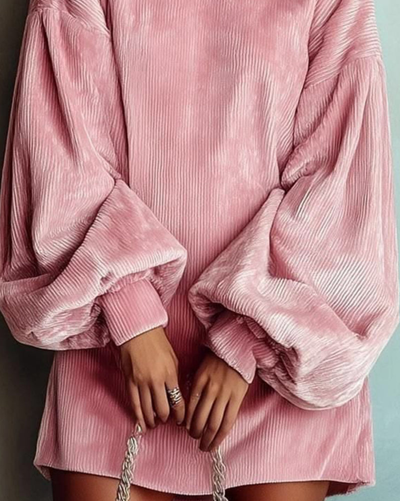 Women's Solid Ribbed Velvet Turtleneck Balloon Long Sleeve Mini Dress