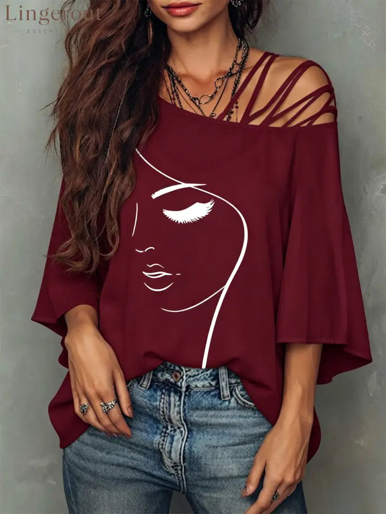 Abstract Face Line Art Crisscross Cold Shoulder Flare Sleeve Blouse - Claret / S