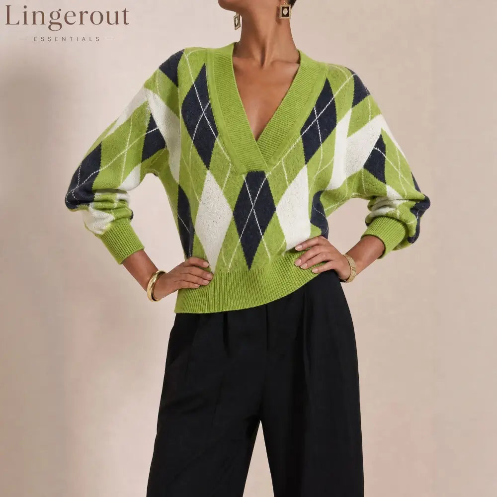 Argyle V-Neck Knit Sweater