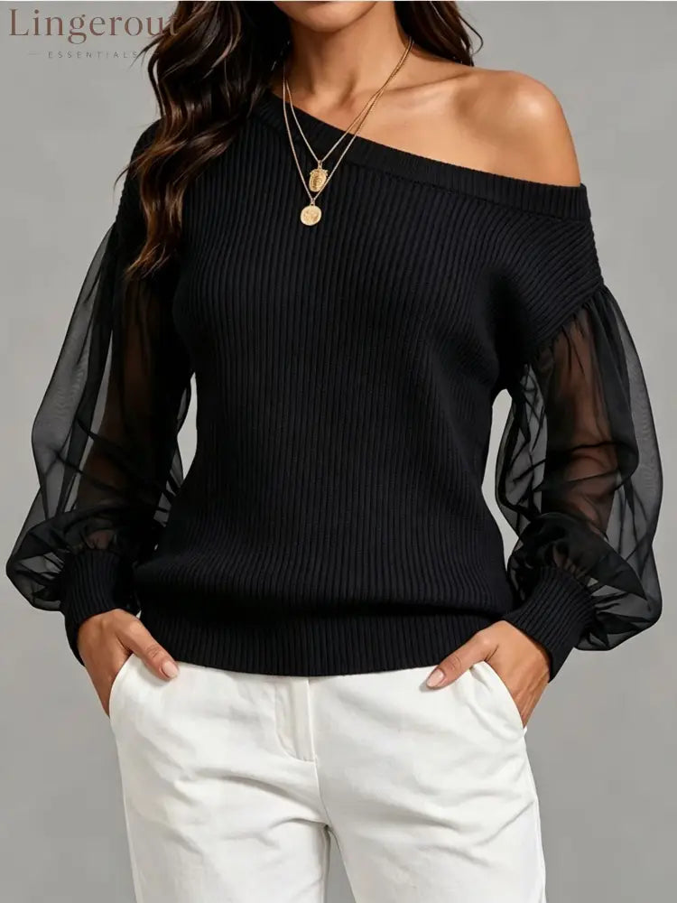 Asymmetric Off‑Shoulder Mesh Puff Sleeve Ribbed Knit Sweater - black / S
