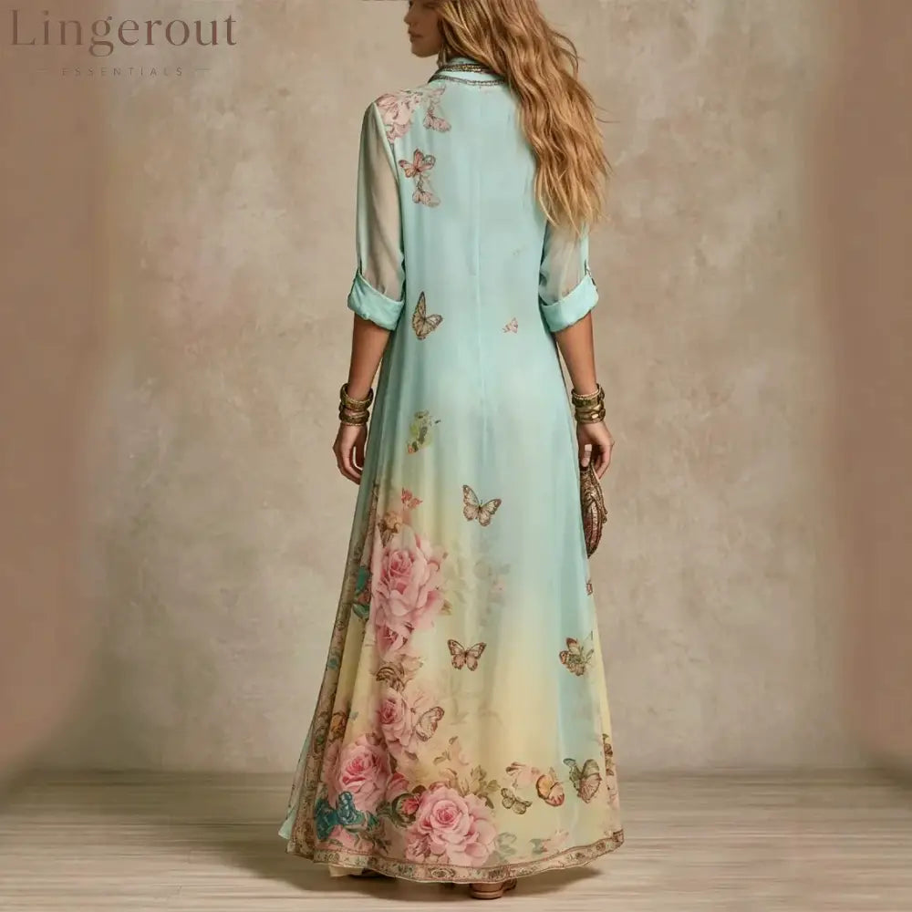 Baroque Style Floral Blue Chiffon Maxi Dress - Short Sleeve Maxi Dress