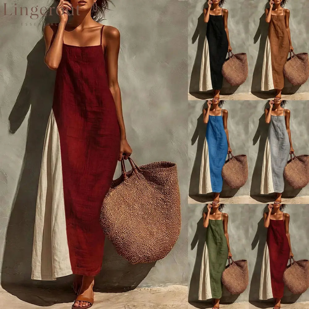 Block Spaghetti Strap Linen Asymmetrical Maxi Dress