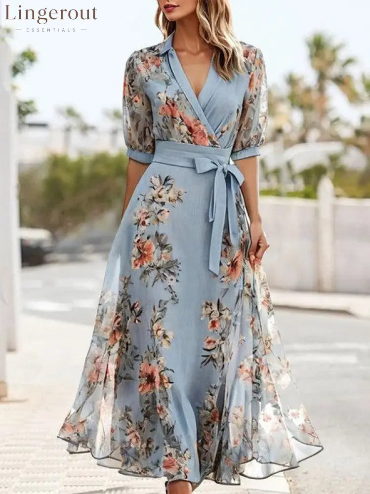 Blue V-Neck Short Sleeve Midi Dress