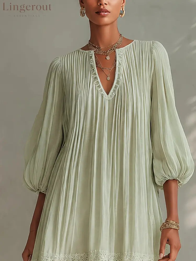 Boho Lace Trim Mini Dress Women V‑Neck Balloon Sleeve Loose Vacation Dress