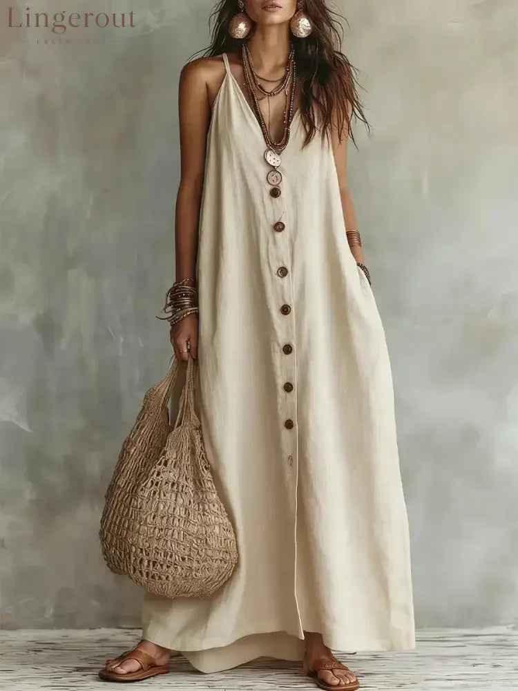 🌿 Boho Linen Maxi Dress: Effortless Summer Style - Off white / S