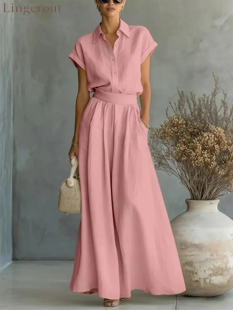 Cap Sleeve Collared Shirt & High Waist Wide Leg Pants Two Piece Set - Pink / S