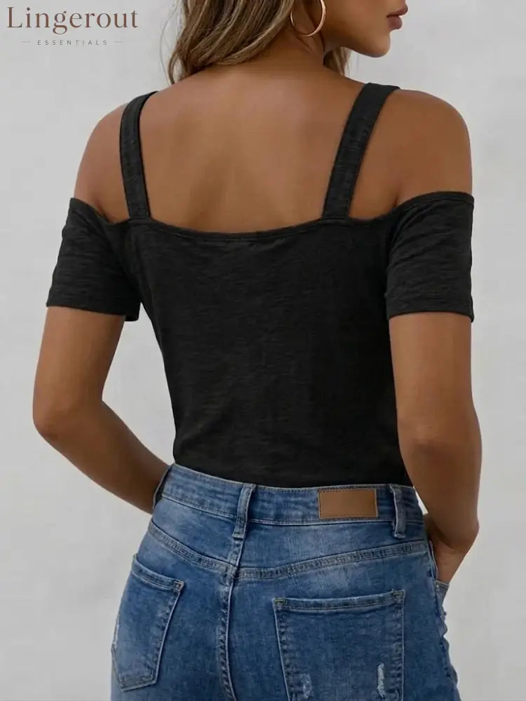 Casual Adjustable-strap Off-shoulder Cotton T-shirt With Zipper Detail