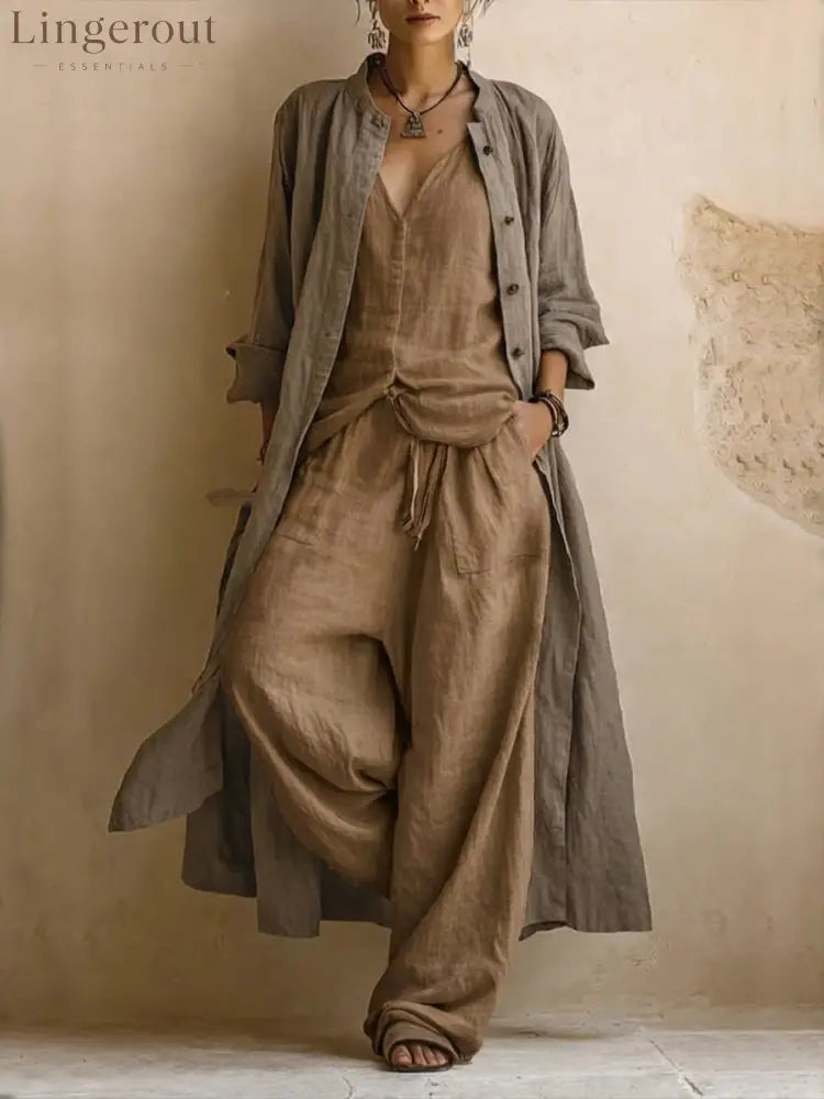 Casual Bohemian Linen And Cotton Long Cardigan And Sleeveless Top And Pants Three-piece Set - Brown / S